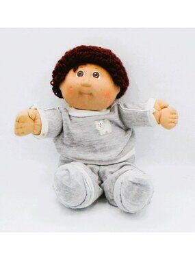 1984 Cabbage Patch Kid Doll With Auburn Yarn Hair & Brown Eyes Gray Outfit With
